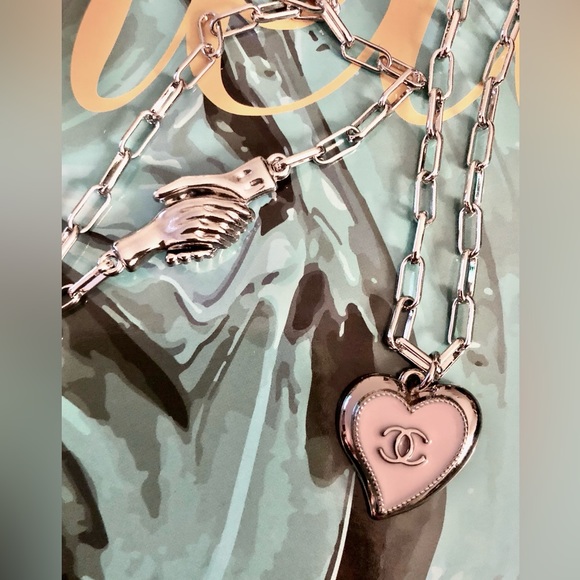 Chanel Auth. “Heart” Charm Silver w White, onto SS Link Necklace (New!) - Picture 5 of 7